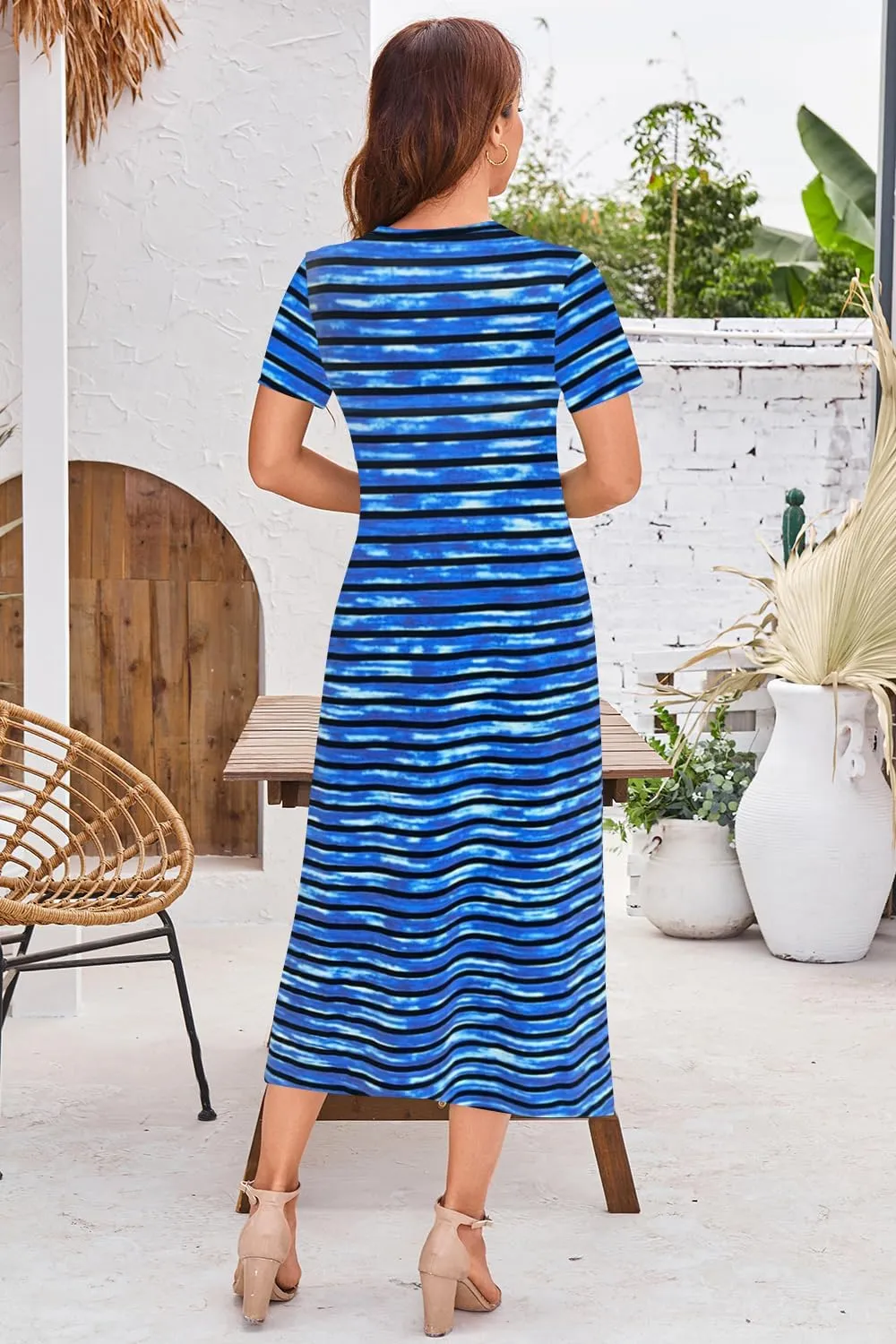 Naggoo Womens V Neck Striped Midi Dress Short Sleeve Split Summer Casual Beach T Shirt Dresses with Pockets