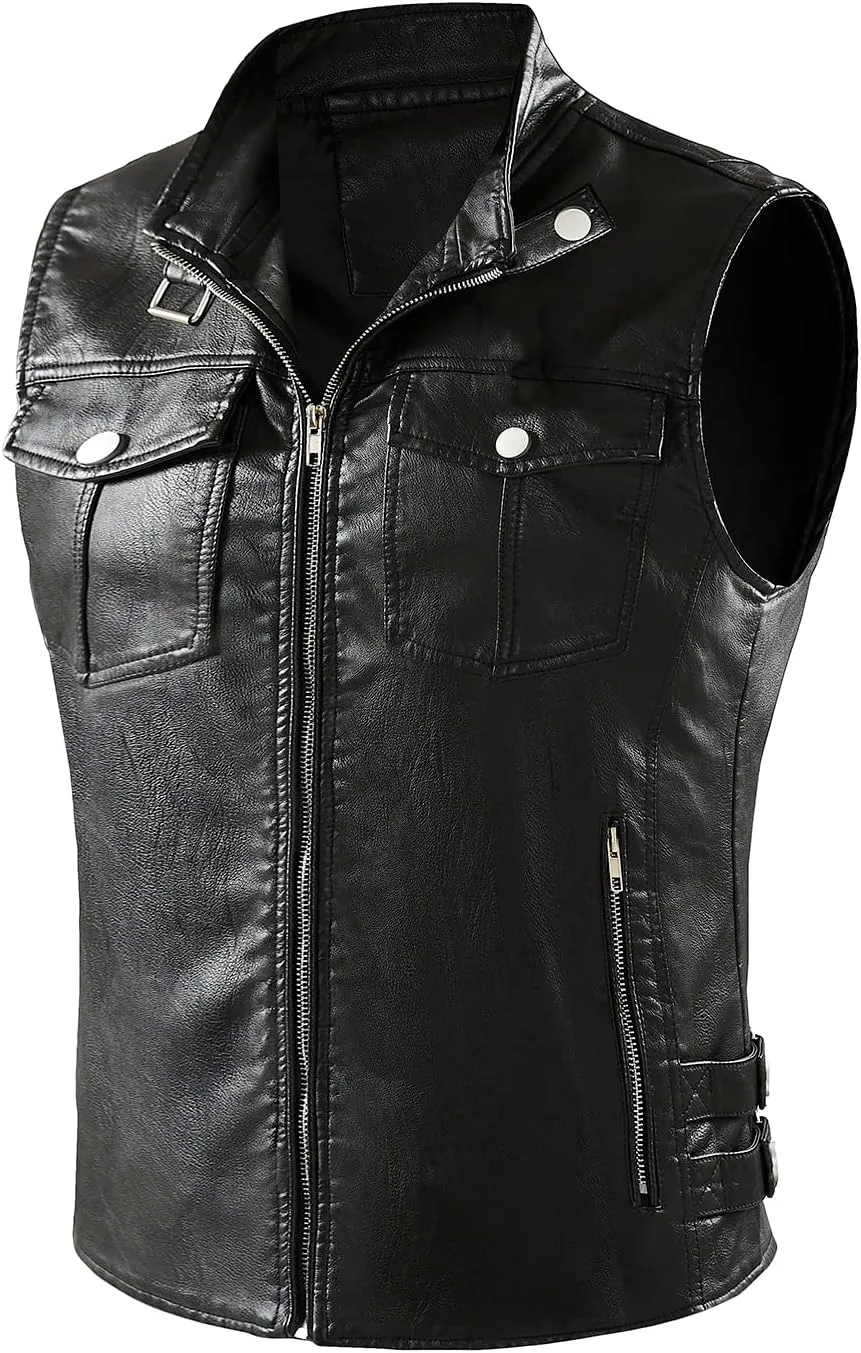 NAVEKULL Men's Leather Motorcycle Vest Black Vintage Riding Biker Faux Leather Vests with 5 Pockets
