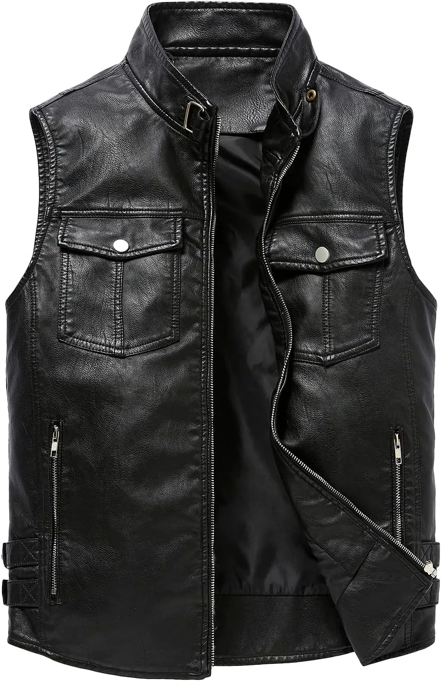 NAVEKULL Men's Leather Motorcycle Vest Black Vintage Riding Biker Faux Leather Vests with 5 Pockets