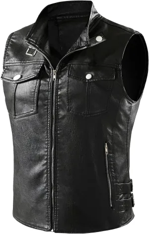 NAVEKULL Men's Leather Motorcycle Vest Black Vintage Riding Biker Faux Leather Vests with 5 Pockets