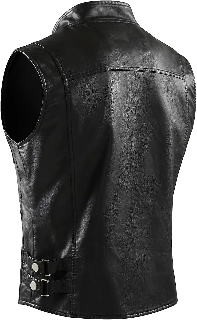 NAVEKULL Men's Leather Motorcycle Vest Black Vintage Riding Biker Faux Leather Vests with 5 Pockets
