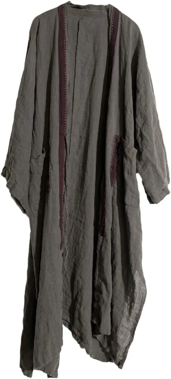 NFYM Women Fall Long Trench Coat Lightweight 100% Linen Open Front Cardigan Patchwork Hobo Style Loose Duster Jacket