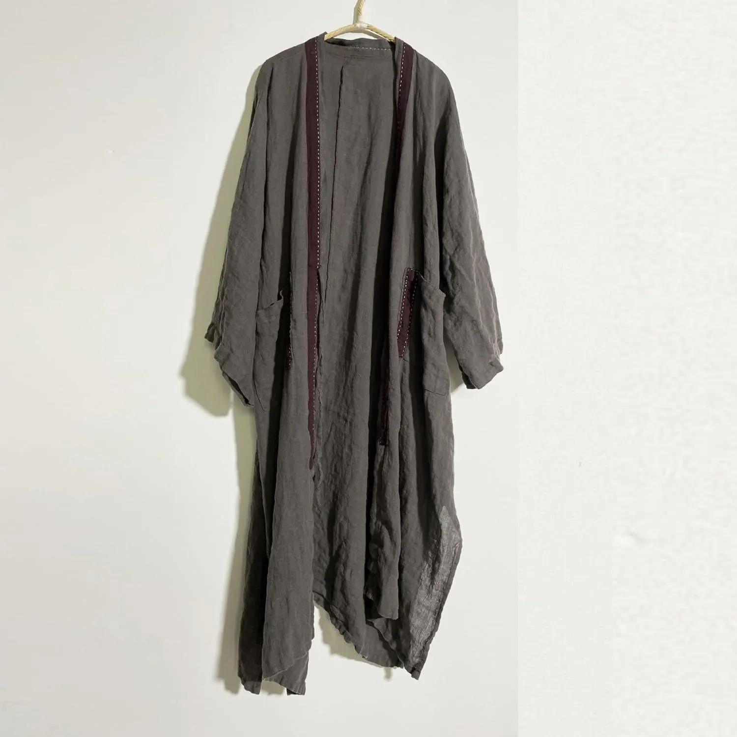 NFYM Women Fall Long Trench Coat Lightweight 100% Linen Open Front Cardigan Patchwork Hobo Style Loose Duster Jacket