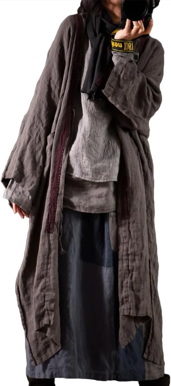 NFYM Women Fall Long Trench Coat Lightweight 100% Linen Open Front Cardigan Patchwork Hobo Style Loose Duster Jacket