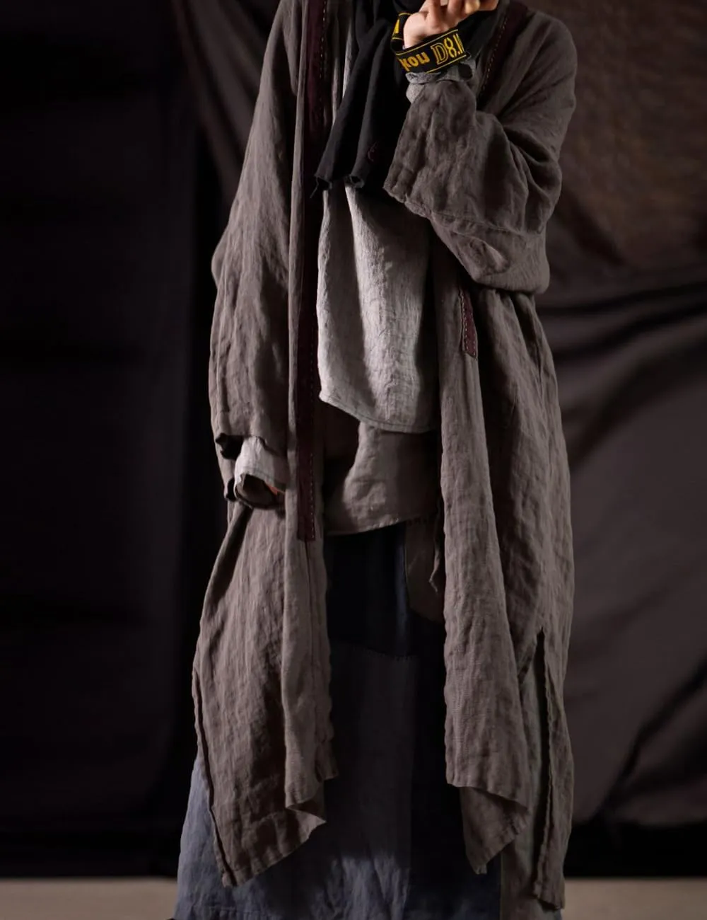 NFYM Women Fall Long Trench Coat Lightweight 100% Linen Open Front Cardigan Patchwork Hobo Style Loose Duster Jacket