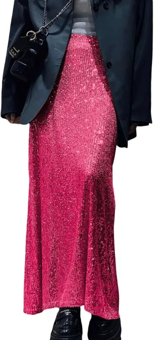 Nituyy Women Sparkly Sequins Maxi Skirts Casual Low Waist Bodycon Long Skirt Fashion Spring Summer Y2K Glitter Party Dress