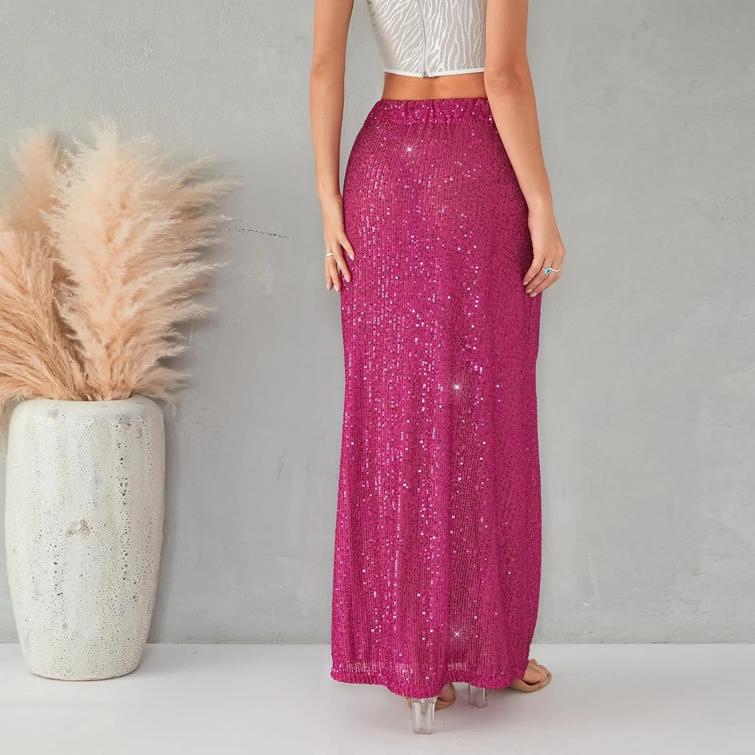 Nituyy Women Sparkly Sequins Maxi Skirts Casual Low Waist Bodycon Long Skirt Fashion Spring Summer Y2K Glitter Party Dress