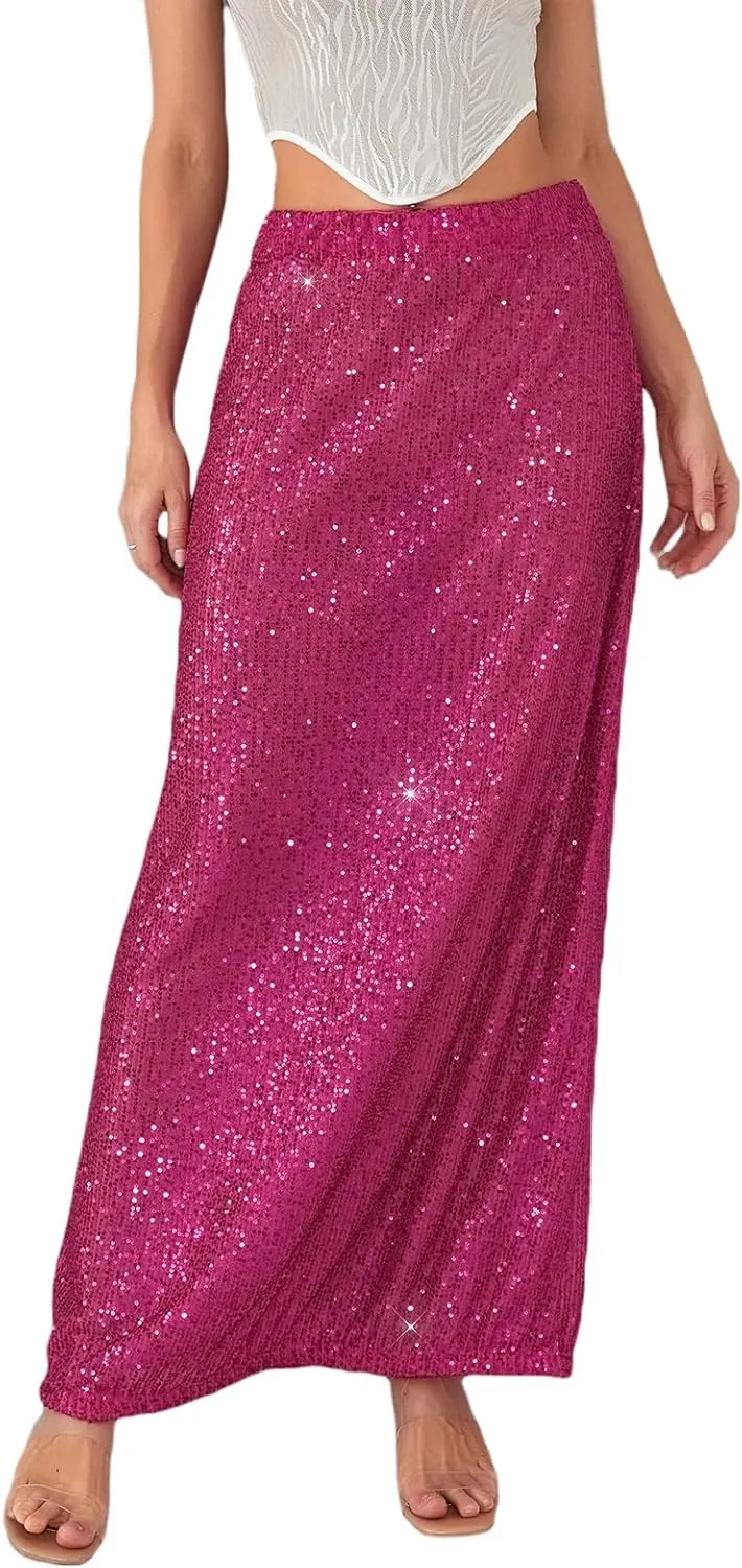 Nituyy Women Sparkly Sequins Maxi Skirts Casual Low Waist Bodycon Long Skirt Fashion Spring Summer Y2K Glitter Party Dress