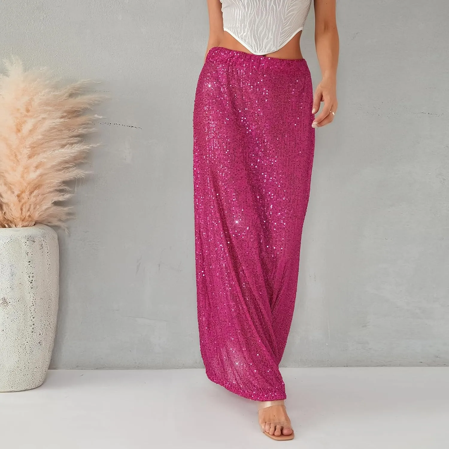 Nituyy Women Sparkly Sequins Maxi Skirts Casual Low Waist Bodycon Long Skirt Fashion Spring Summer Y2K Glitter Party Dress