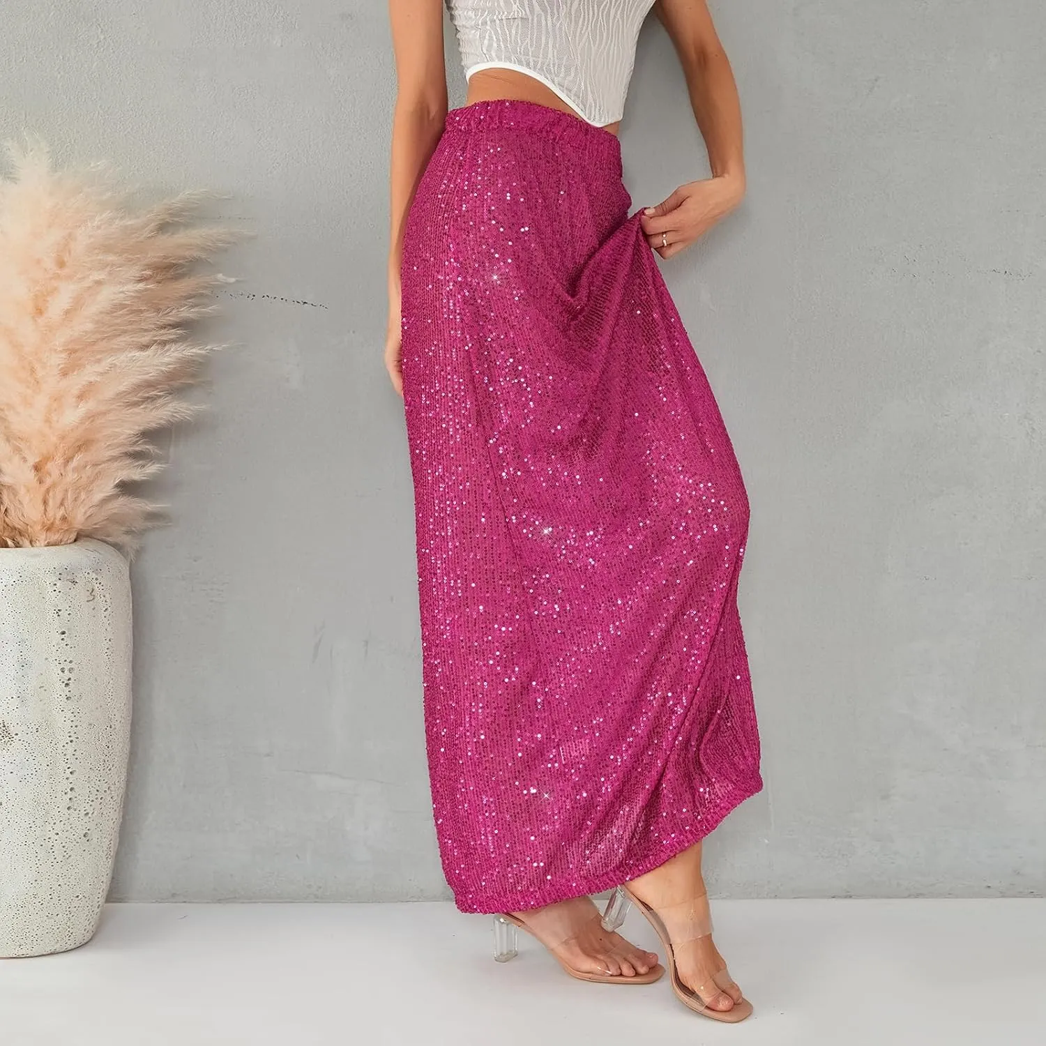 Nituyy Women Sparkly Sequins Maxi Skirts Casual Low Waist Bodycon Long Skirt Fashion Spring Summer Y2K Glitter Party Dress