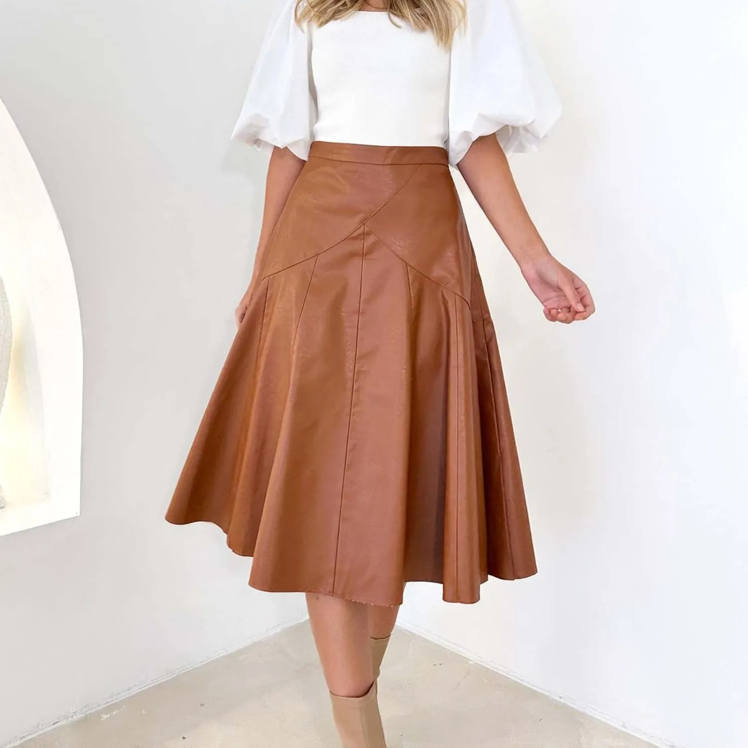 Oplxuo Faux Leather Skirt for Women High Waist Pleated Midi Skirts Pu Leather A-Line Flare Skirt Elegant Formal Party Skirt
