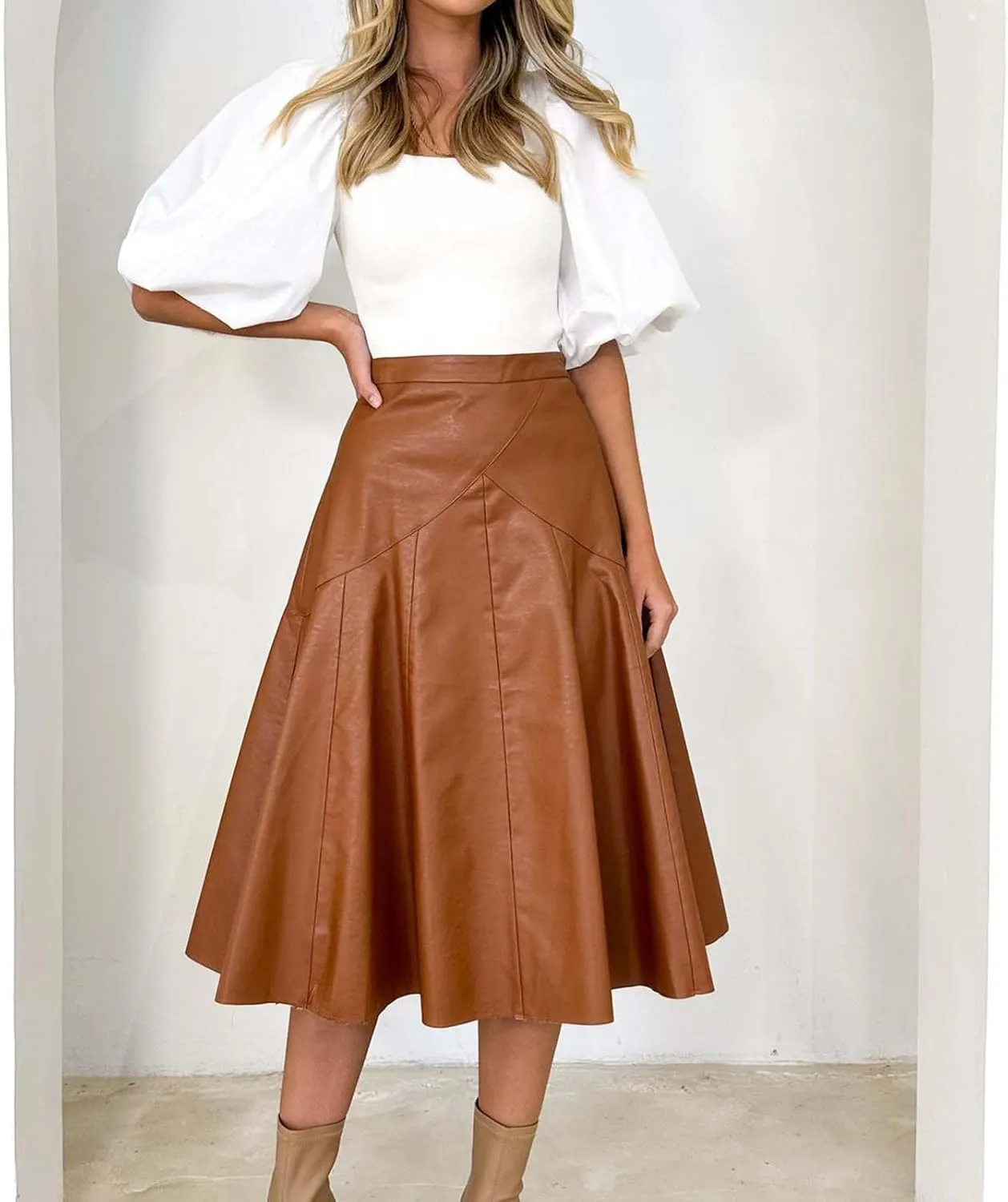 Oplxuo Faux Leather Skirt for Women High Waist Pleated Midi Skirts Pu Leather A-Line Flare Skirt Elegant Formal Party Skirt
