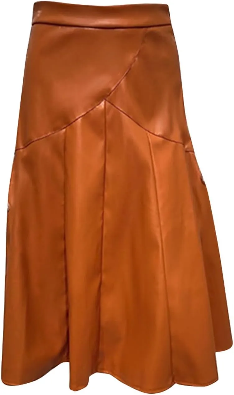 Oplxuo Faux Leather Skirt for Women High Waist Pleated Midi Skirts Pu Leather A-Line Flare Skirt Elegant Formal Party Skirt