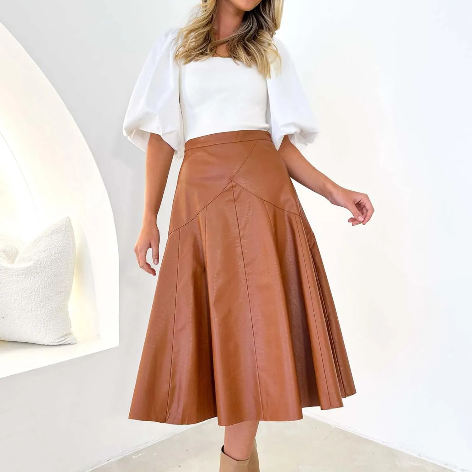 Oplxuo Faux Leather Skirt for Women High Waist Pleated Midi Skirts Pu Leather A-Line Flare Skirt Elegant Formal Party Skirt