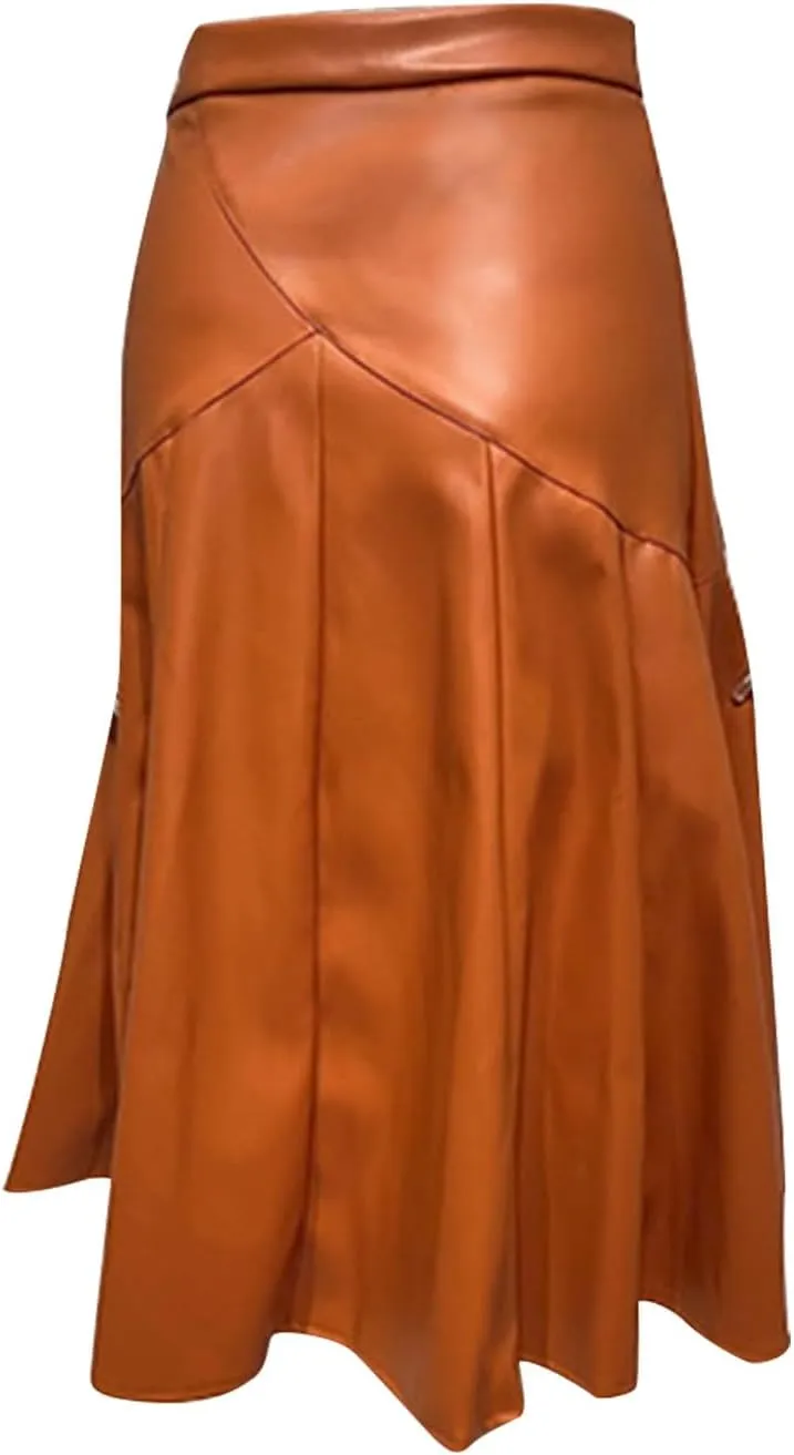 Oplxuo Faux Leather Skirt for Women High Waist Pleated Midi Skirts Pu Leather A-Line Flare Skirt Elegant Formal Party Skirt