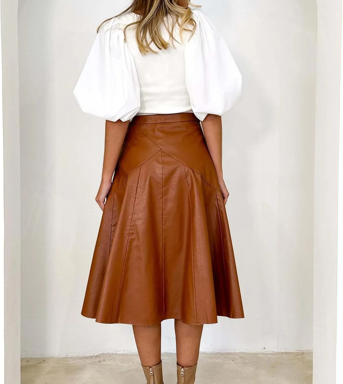 Oplxuo Faux Leather Skirt for Women High Waist Pleated Midi Skirts Pu Leather A-Line Flare Skirt Elegant Formal Party Skirt