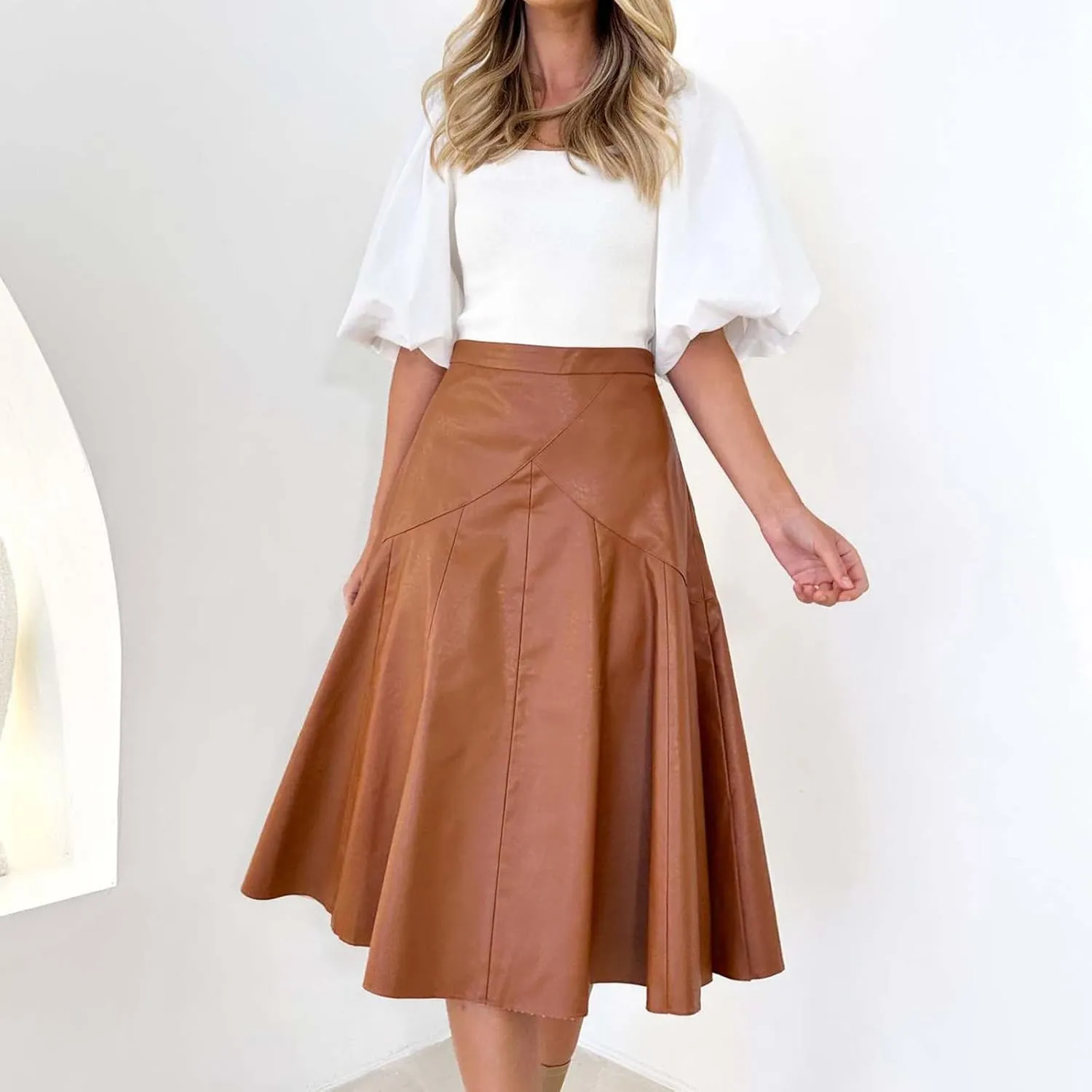 Oplxuo Faux Leather Skirt for Women High Waist Pleated Midi Skirts Pu Leather A-Line Flare Skirt Elegant Formal Party Skirt