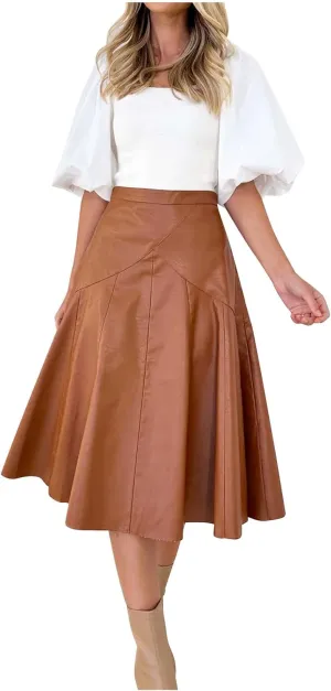 Oplxuo Faux Leather Skirt for Women High Waist Pleated Midi Skirts Pu Leather A-Line Flare Skirt Elegant Formal Party Skirt