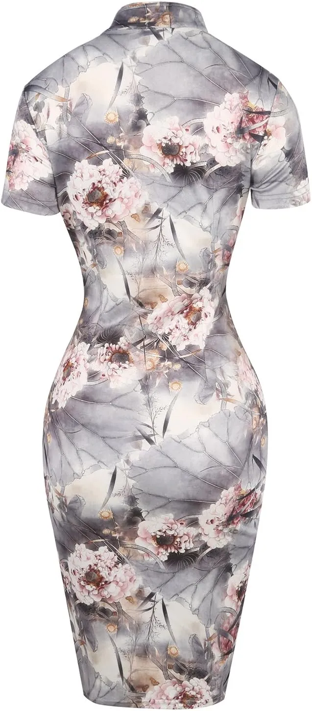 oxiuly Women's Vintage Floral Flare Party Wedding Stretch Bodycon Dresses Casual Work Pencil Dress OX183