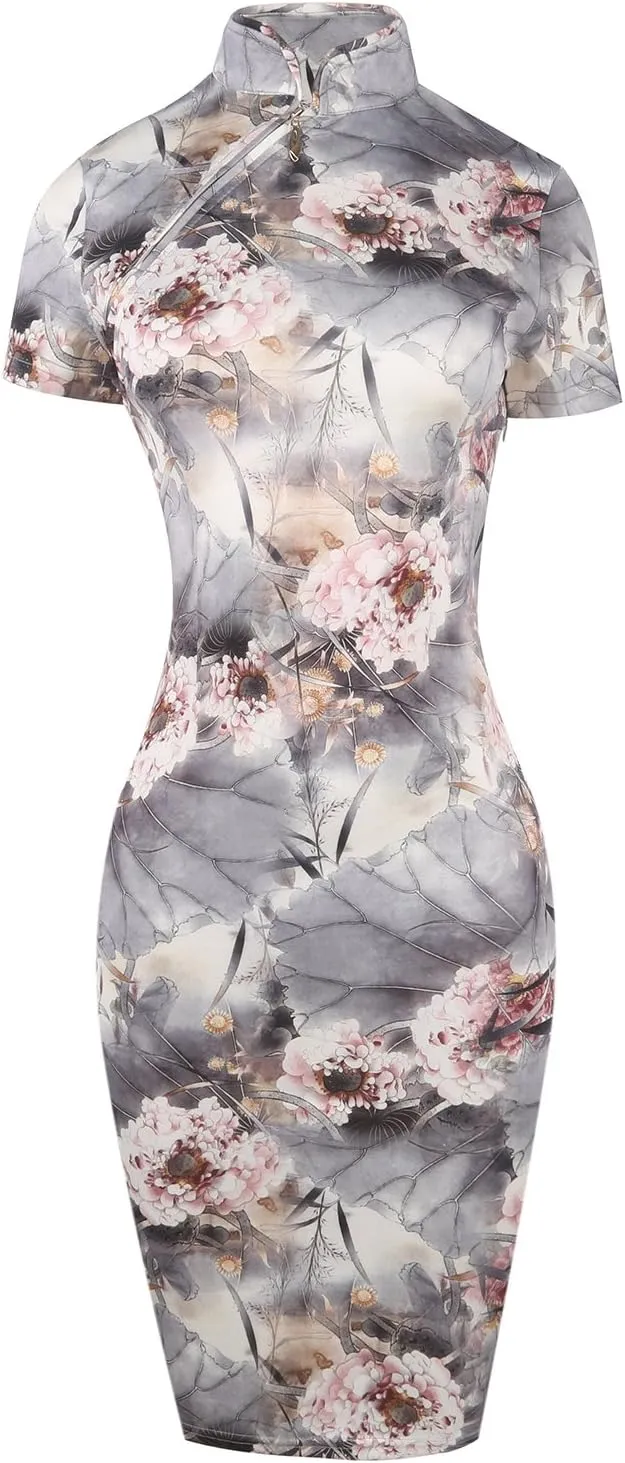 oxiuly Women's Vintage Floral Flare Party Wedding Stretch Bodycon Dresses Casual Work Pencil Dress OX183