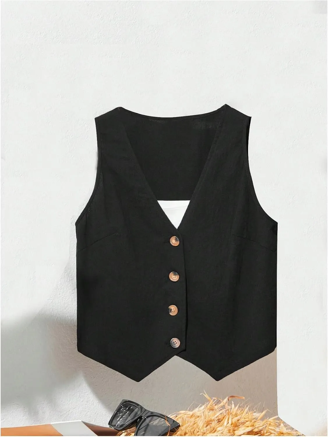 OYOANGLE Women's Button Front Sleeveless Blazer Vest V Neck Office Work Suit Vests Waistcoat