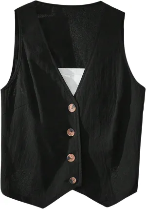 OYOANGLE Women's Button Front Sleeveless Blazer Vest V Neck Office Work Suit Vests Waistcoat