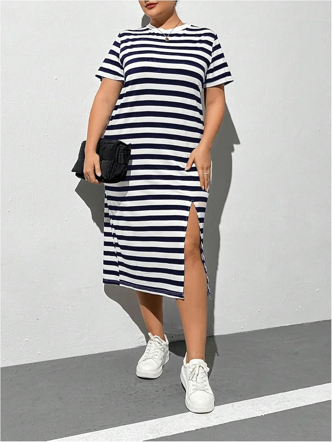 OYOANGLE Women's Plus Size Summer Dress Striped Short Sleeve Slit Hem Midi T Shirt Dresses