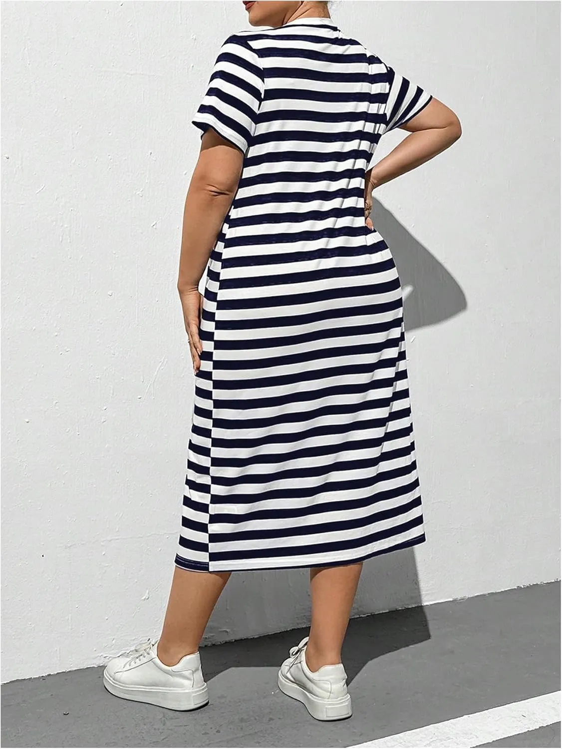 OYOANGLE Women's Plus Size Summer Dress Striped Short Sleeve Slit Hem Midi T Shirt Dresses
