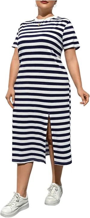 OYOANGLE Women's Plus Size Summer Dress Striped Short Sleeve Slit Hem Midi T Shirt Dresses
