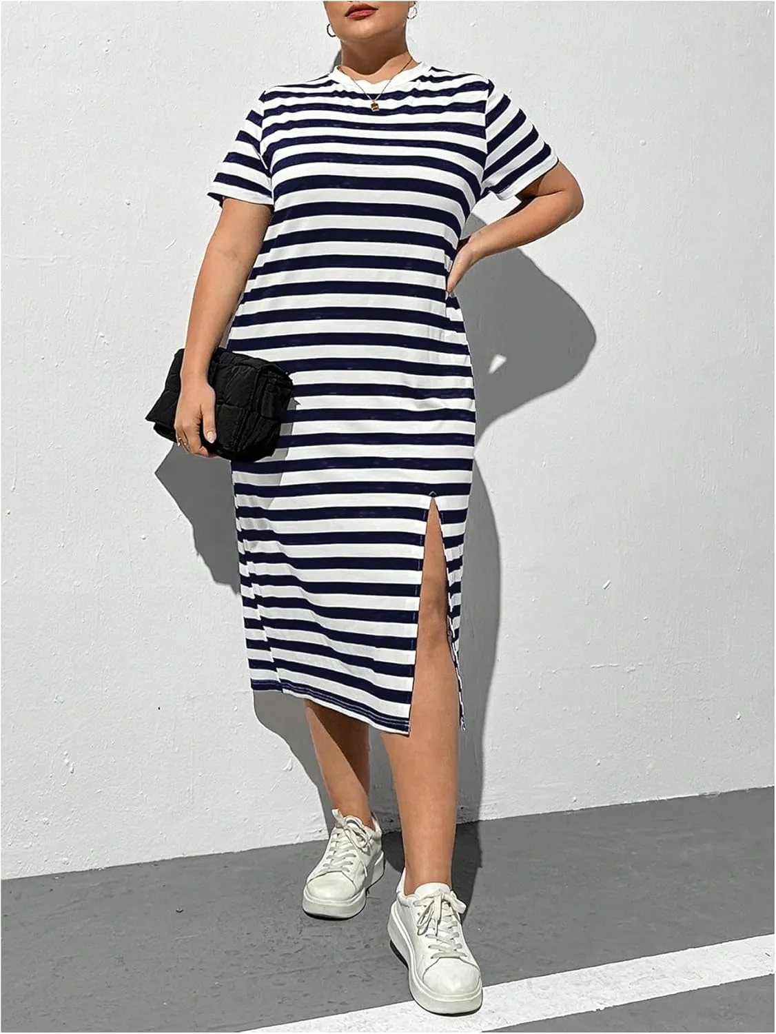 OYOANGLE Women's Plus Size Summer Dress Striped Short Sleeve Slit Hem Midi T Shirt Dresses