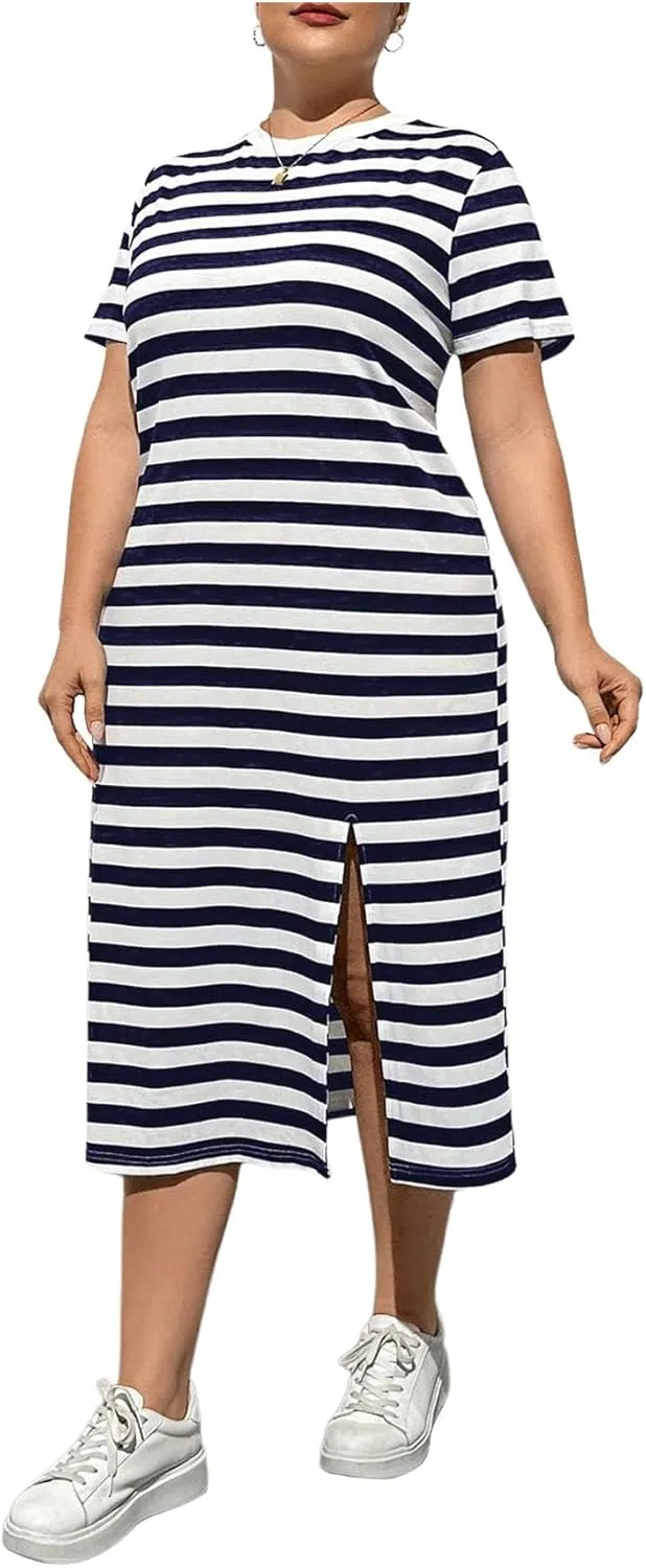 OYOANGLE Women's Plus Size Summer Dress Striped Short Sleeve Slit Hem Midi T Shirt Dresses