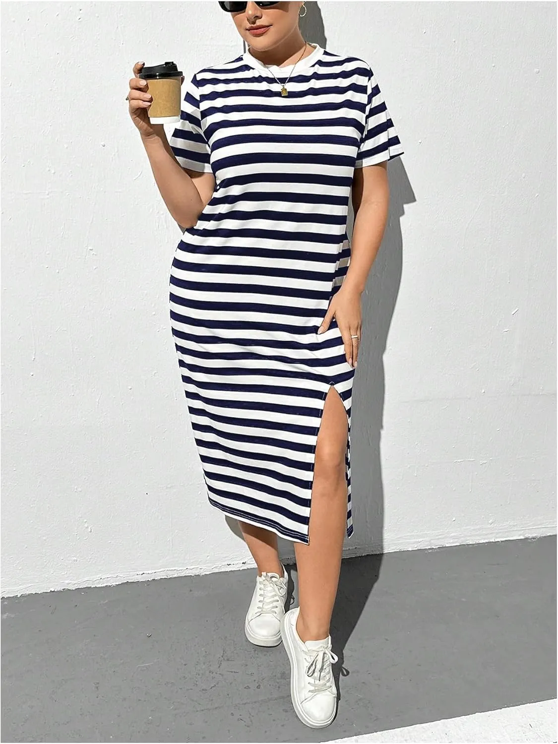 OYOANGLE Women's Plus Size Summer Dress Striped Short Sleeve Slit Hem Midi T Shirt Dresses