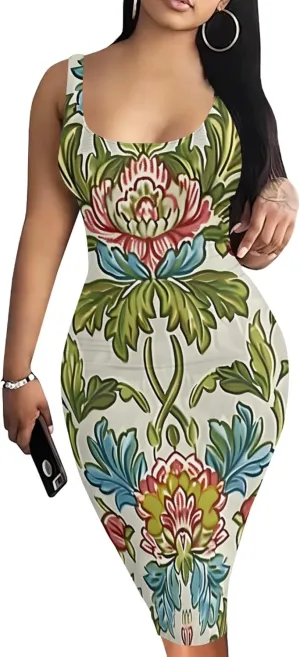PinkPatty Floral Print Midi Dress for Women Sexy Sleeveless Crew Neck Tank Sundress Plus Size Club Dresses