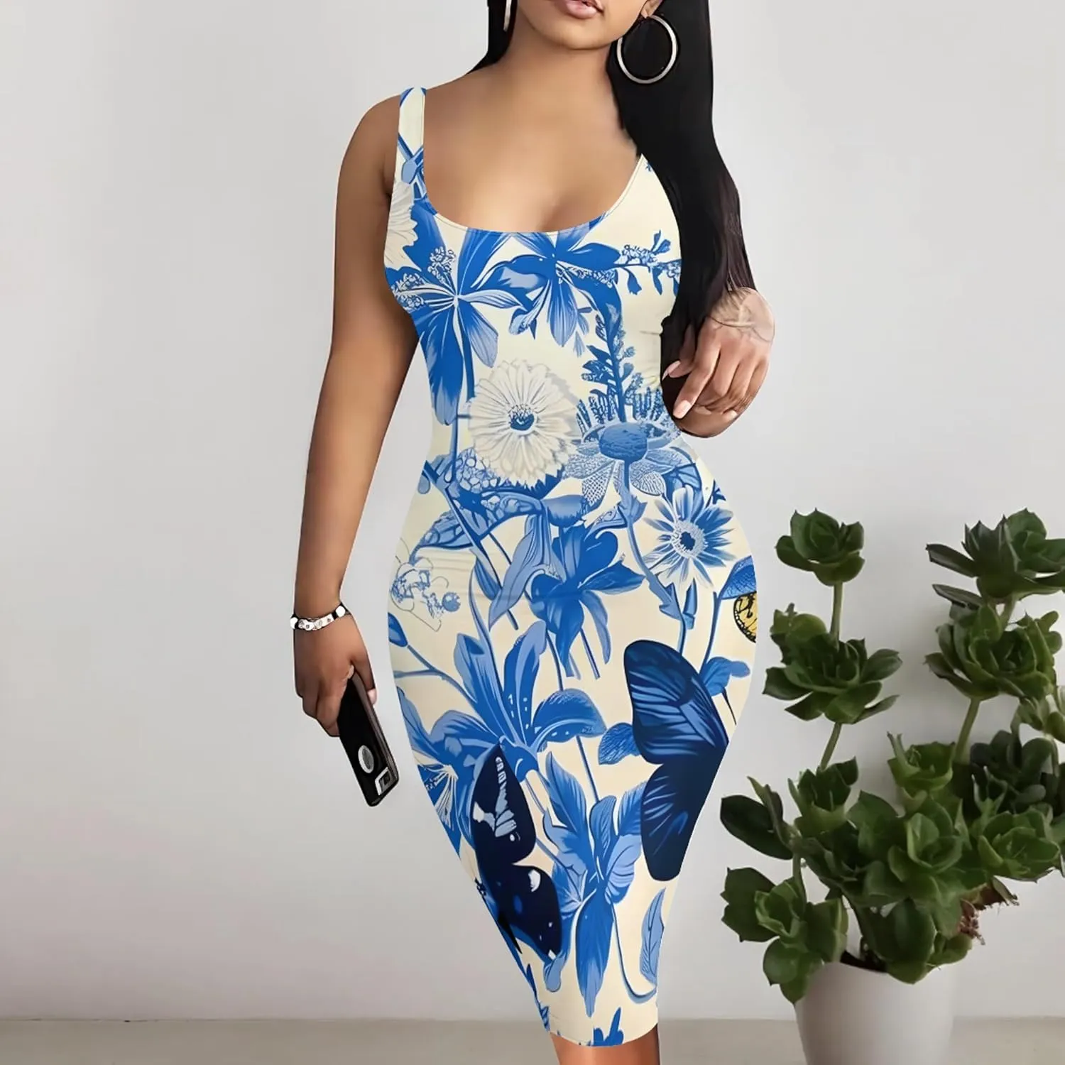 PinkPatty Floral Print Midi Dress for Women Sexy Sleeveless Crew Neck Tank Sundress Plus Size Club Dresses