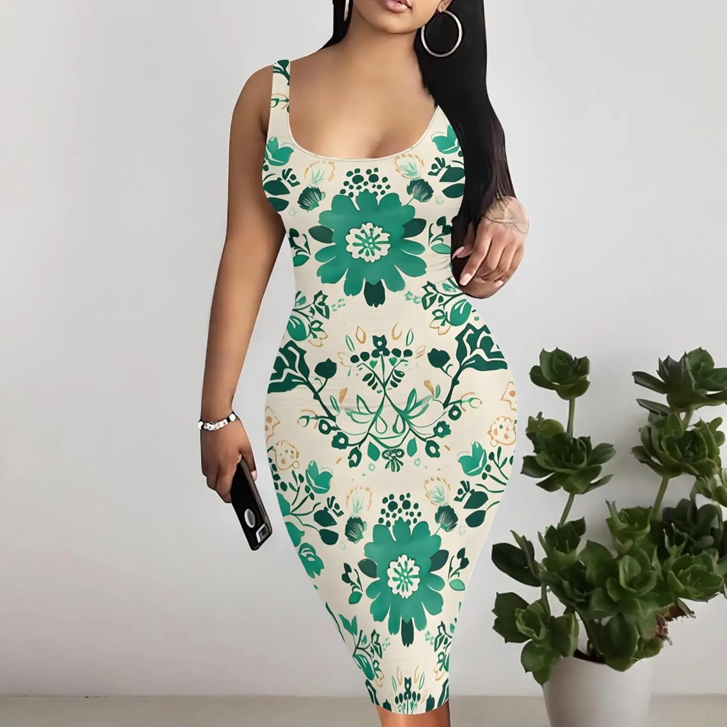 PinkPatty Floral Print Midi Dress for Women Sexy Sleeveless Crew Neck Tank Sundress Plus Size Club Dresses