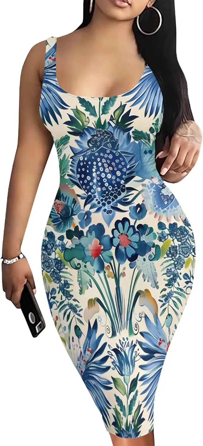 PinkPatty Floral Print Midi Dress for Women Sexy Sleeveless Crew Neck Tank Sundress Plus Size Club Dresses