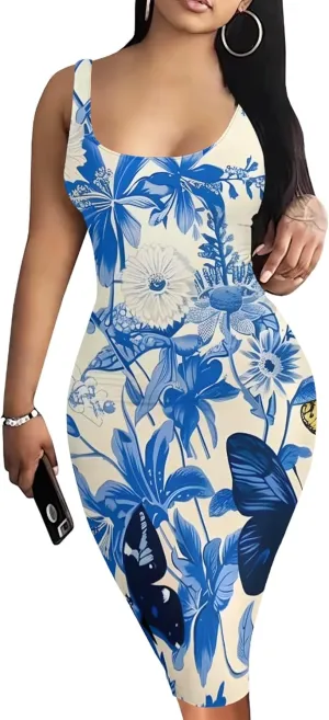 PinkPatty Floral Print Midi Dress for Women Sexy Sleeveless Crew Neck Tank Sundress Plus Size Club Dresses