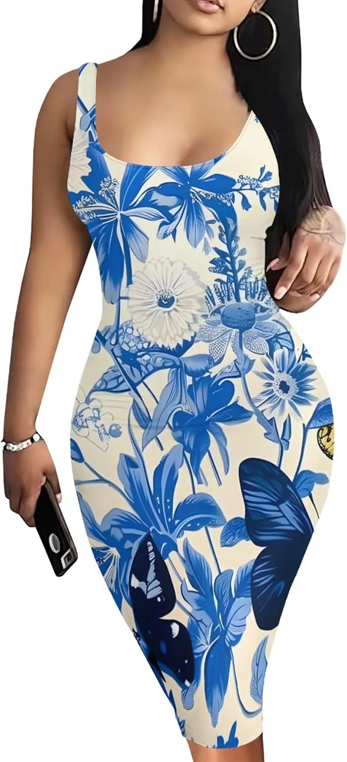 PinkPatty Floral Print Midi Dress for Women Sexy Sleeveless Crew Neck Tank Sundress Plus Size Club Dresses