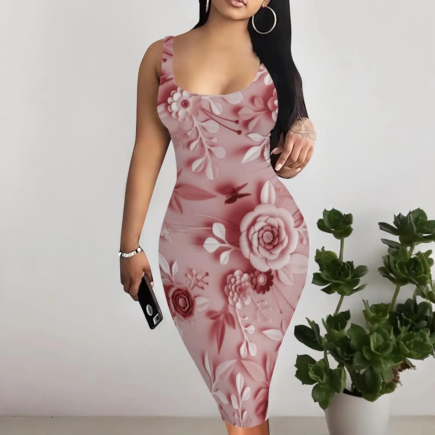 PinkPatty Floral Print Midi Dress for Women Sexy Sleeveless Crew Neck Tank Sundress Plus Size Club Dresses