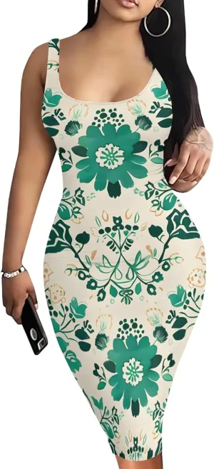 PinkPatty Floral Print Midi Dress for Women Sexy Sleeveless Crew Neck Tank Sundress Plus Size Club Dresses