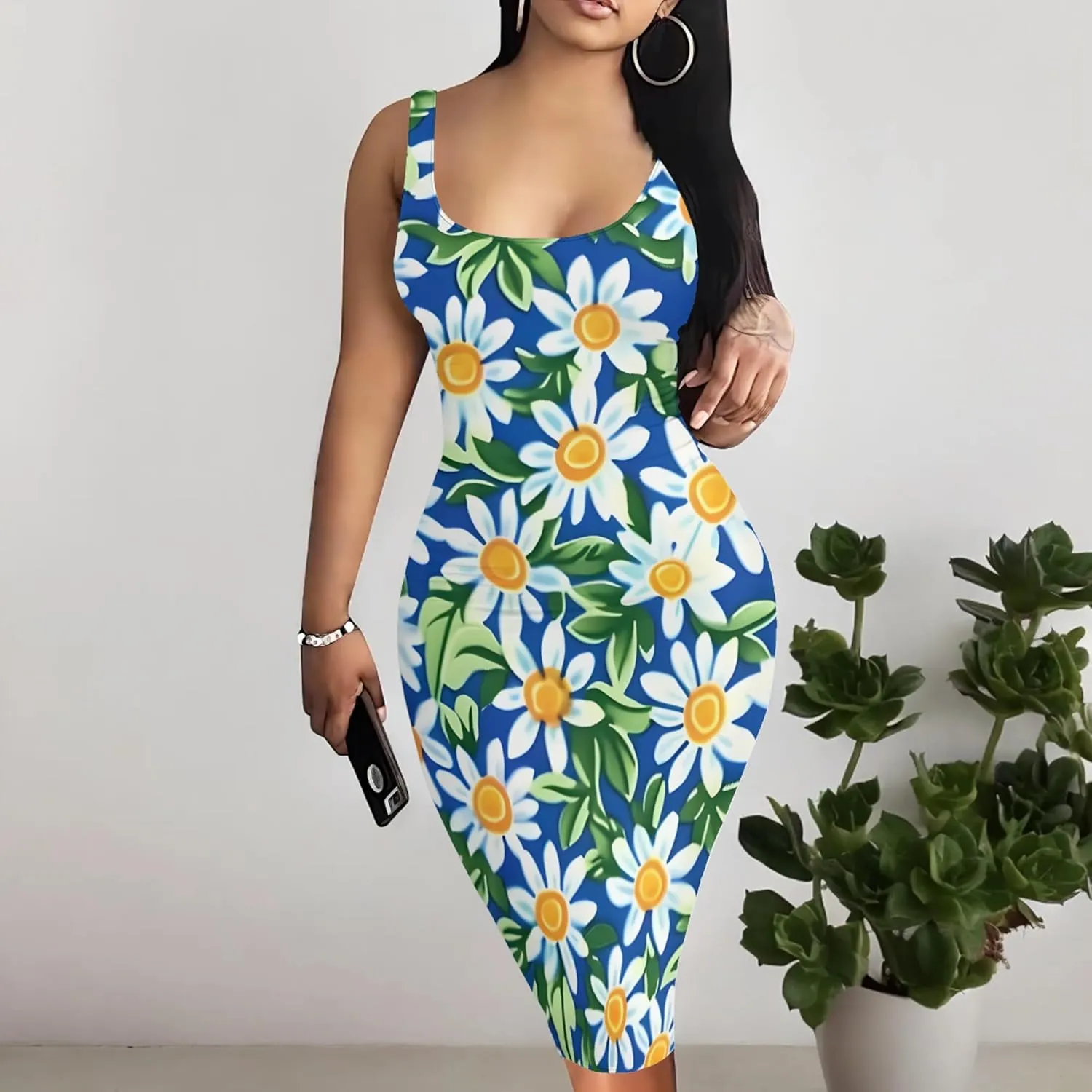 PinkPatty Floral Print Midi Dress for Women Sexy Sleeveless Crew Neck Tank Sundress Plus Size Club Dresses