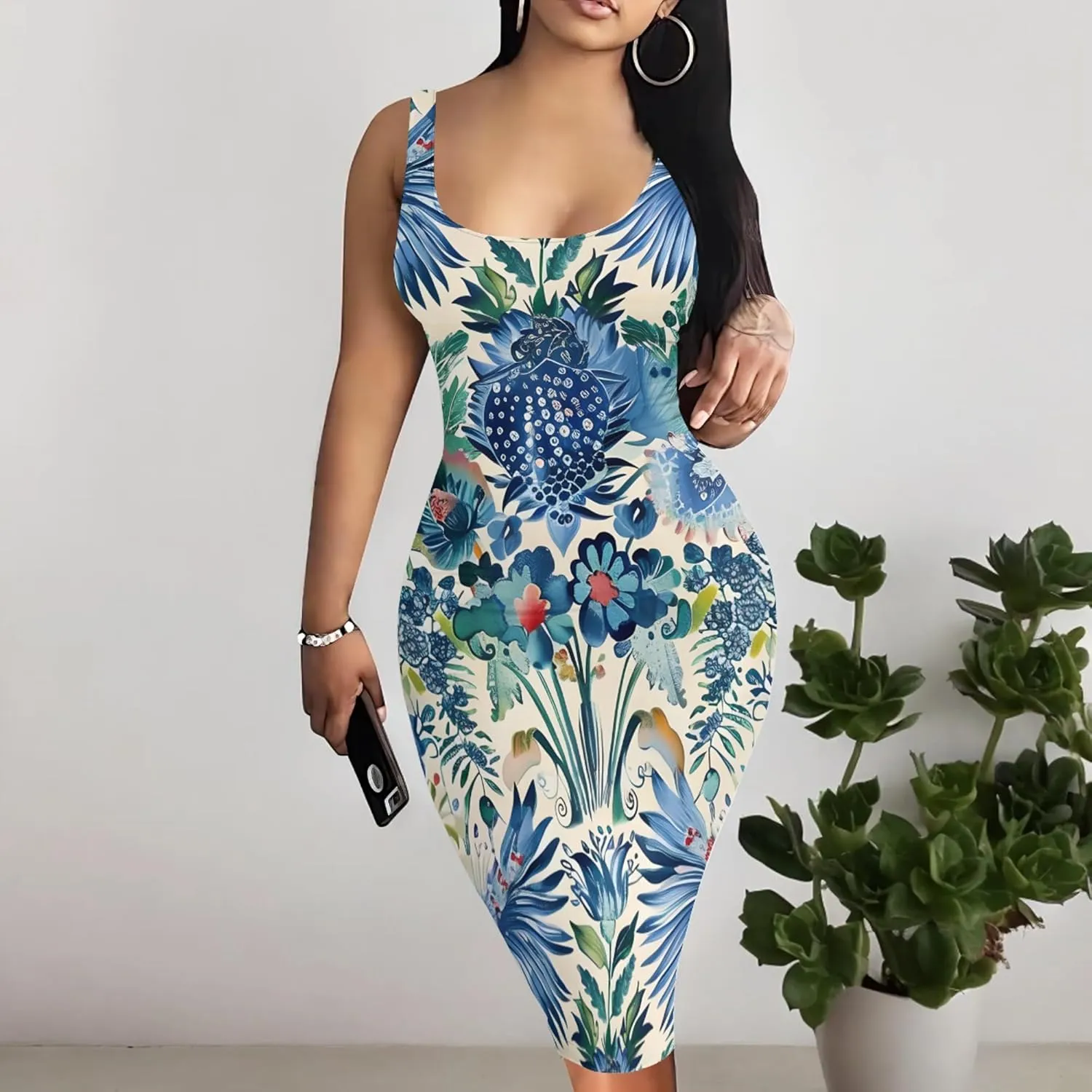 PinkPatty Floral Print Midi Dress for Women Sexy Sleeveless Crew Neck Tank Sundress Plus Size Club Dresses