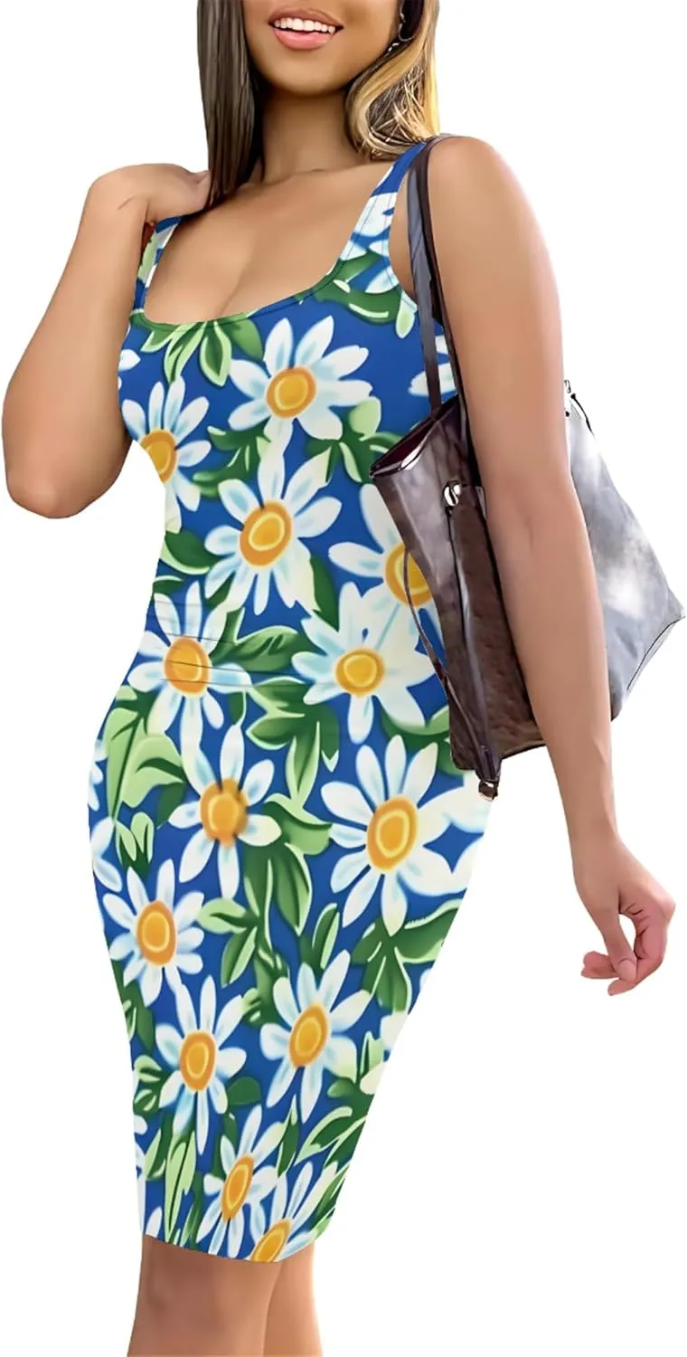PinkPatty Floral Print Midi Dress for Women Sexy Sleeveless Crew Neck Tank Sundress Plus Size Club Dresses