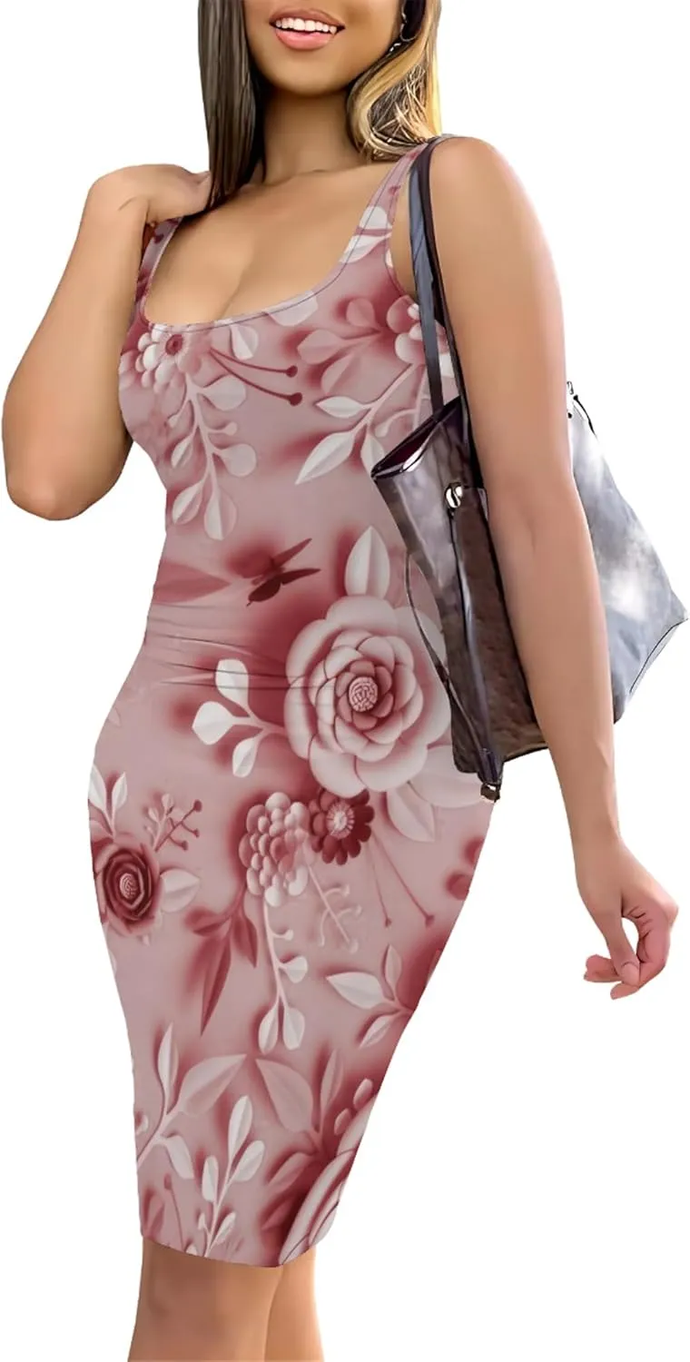 PinkPatty Floral Print Midi Dress for Women Sexy Sleeveless Crew Neck Tank Sundress Plus Size Club Dresses