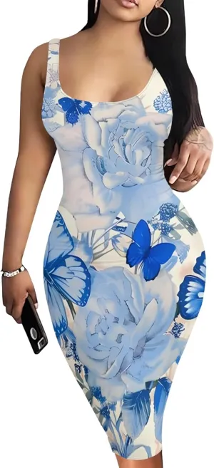 PinkPatty Floral Print Midi Dress for Women Sexy Sleeveless Crew Neck Tank Sundress Plus Size Club Dresses