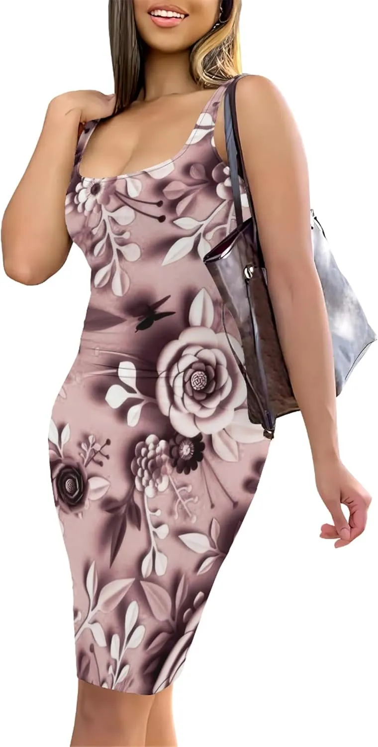 PinkPatty Floral Print Midi Dress for Women Sexy Sleeveless Crew Neck Tank Sundress Plus Size Club Dresses