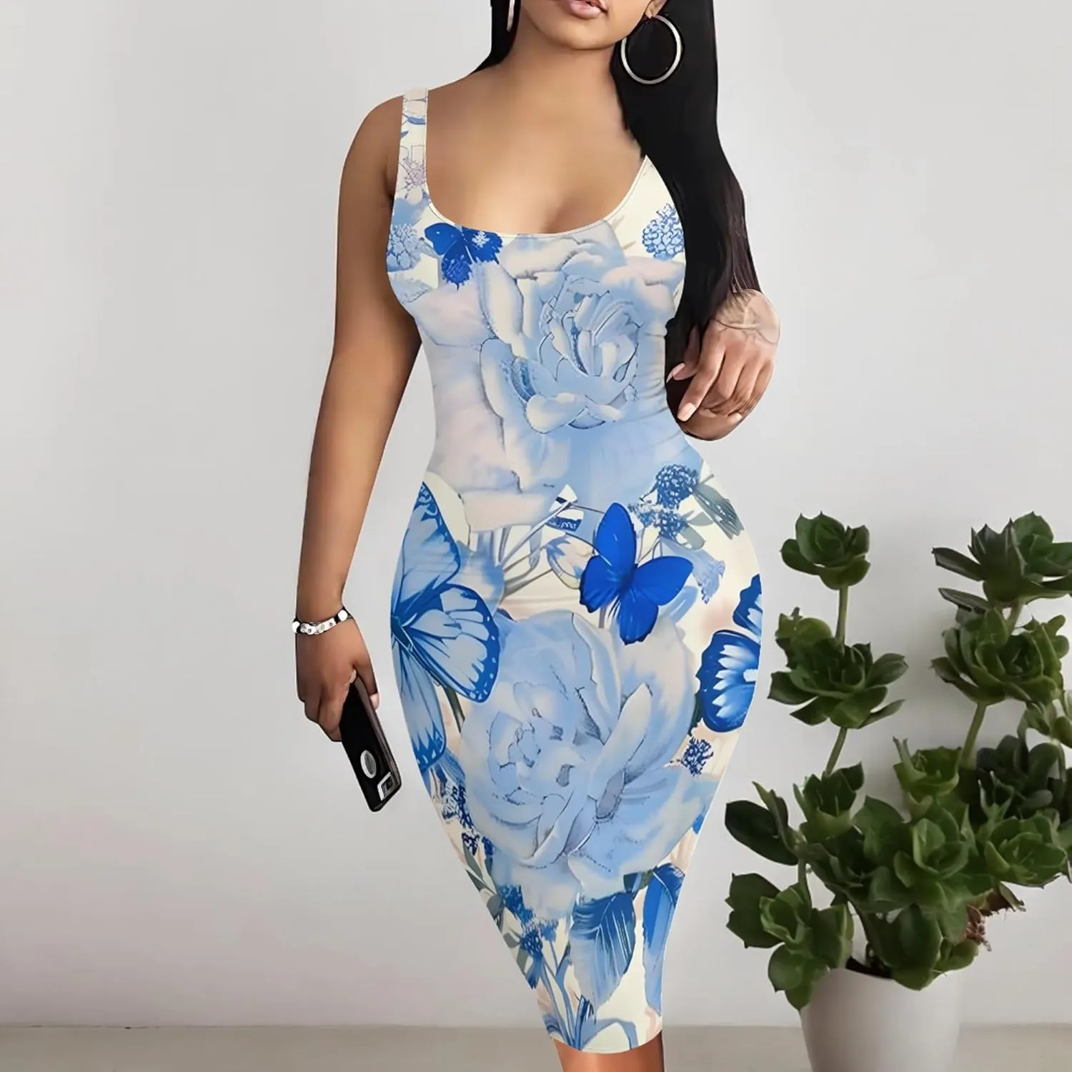 PinkPatty Floral Print Midi Dress for Women Sexy Sleeveless Crew Neck Tank Sundress Plus Size Club Dresses