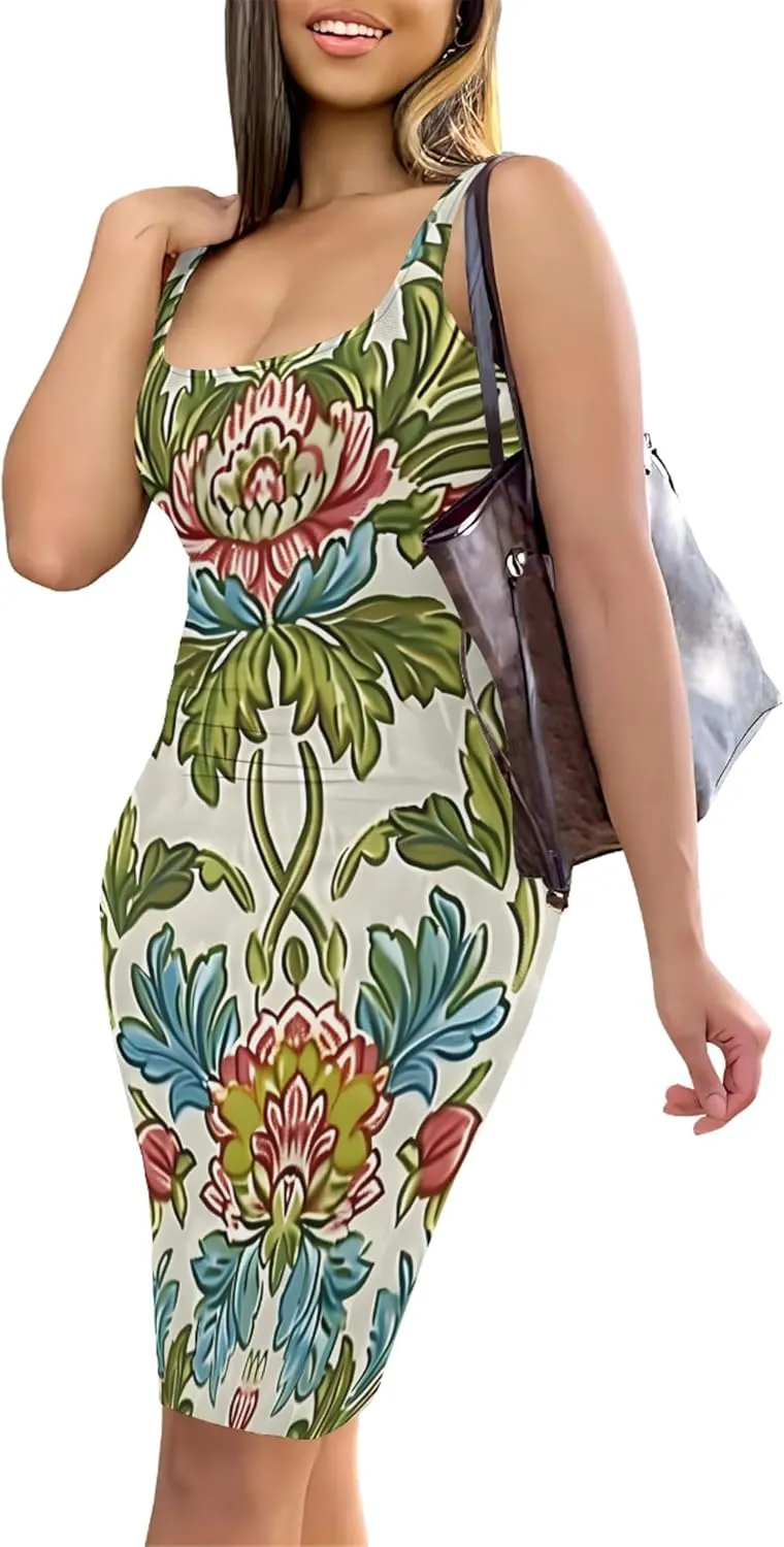 PinkPatty Floral Print Midi Dress for Women Sexy Sleeveless Crew Neck Tank Sundress Plus Size Club Dresses