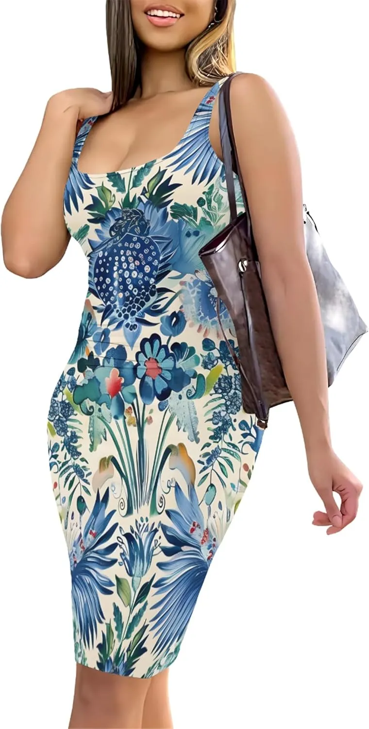 PinkPatty Floral Print Midi Dress for Women Sexy Sleeveless Crew Neck Tank Sundress Plus Size Club Dresses