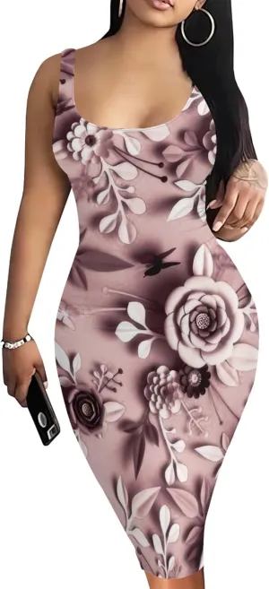 PinkPatty Floral Print Midi Dress for Women Sexy Sleeveless Crew Neck Tank Sundress Plus Size Club Dresses